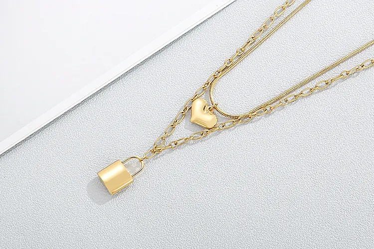 Double-Layered Jewelry Creative Padlock Heart-Shaped Stainless Steel Necklace for Women