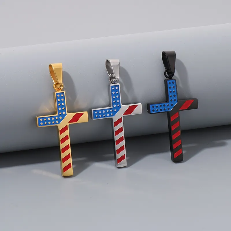 American Red Blue White Star Spangled Stainless Steel Cross Pendant Men's and Women's Jewelry