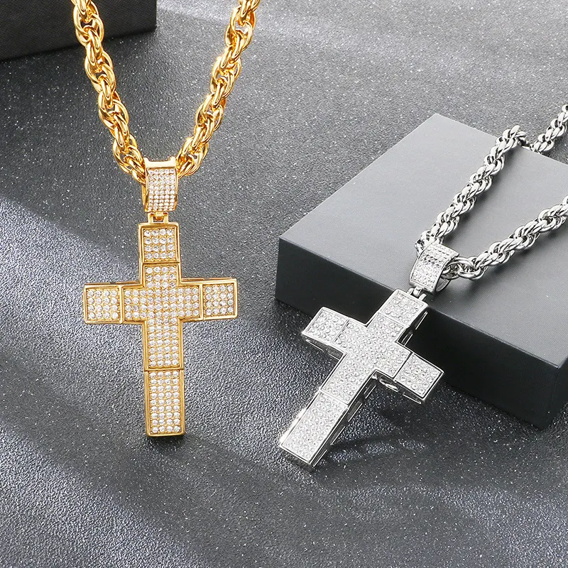 Trendy Fried Dough Twists Chain Hip Hop Full Diamond Double Cross Hollow Pendant Stainless Steel Men's Necklace