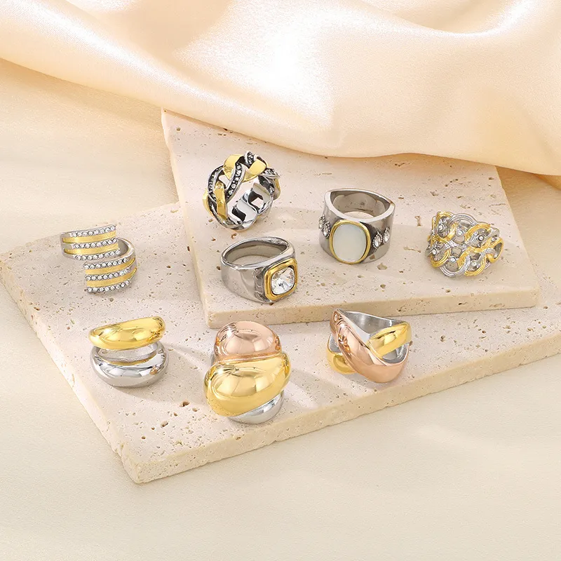 Trendy Fashion Contrast Color Ring Retro Irregular Ins Diamond-Embedded Stainless Steel Rings