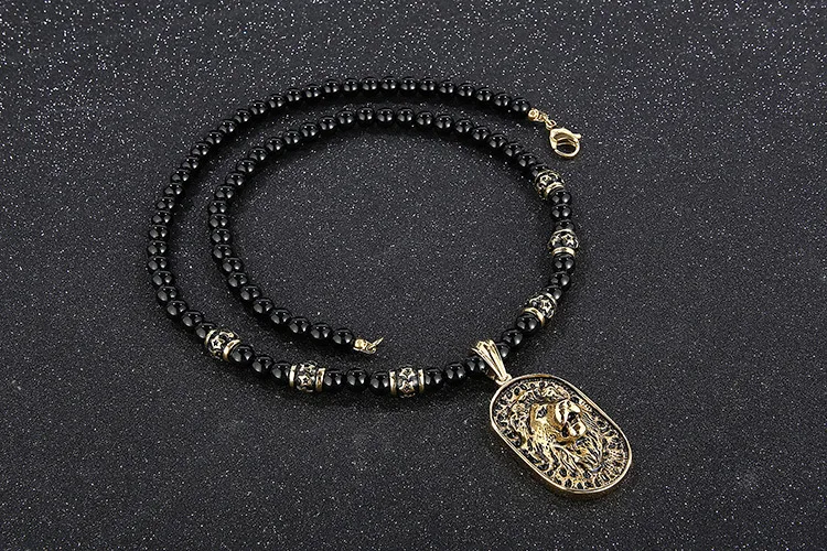 European and American Style Jewelry, Stainless Steel Exaggerated Lion Head Pendant, Ethnic Style Buddhist Beads, Beaded Necklace Long Necklace