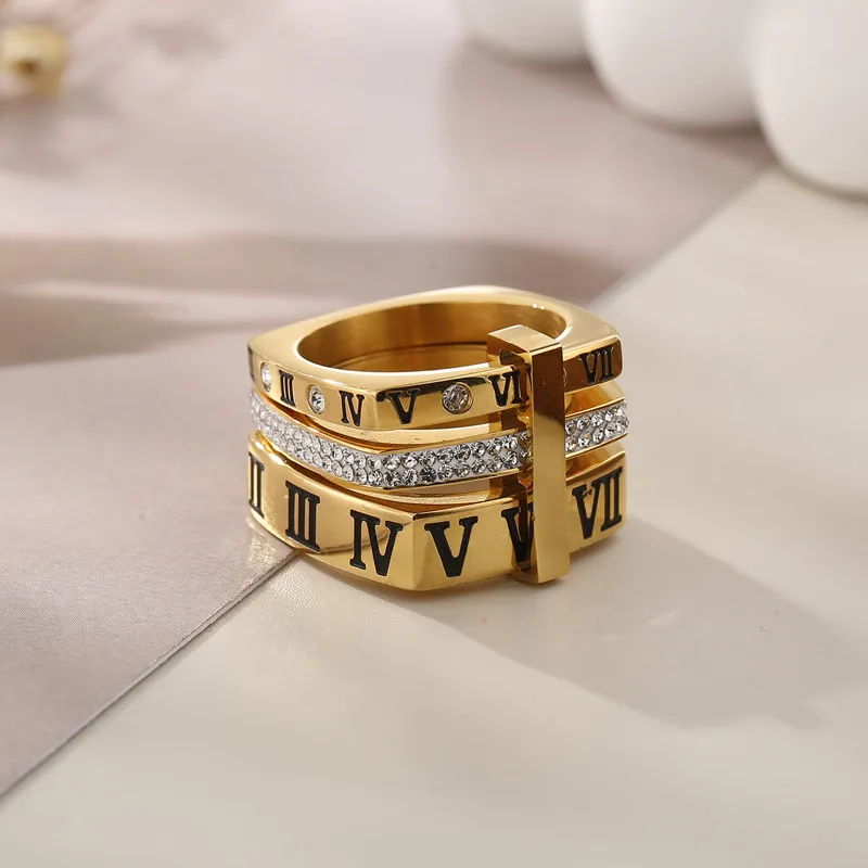 Personality Multi-Ring Square Ring Fashion Diamond-Embedded Roman Numeral Stainless Steel Ring Wholesale
