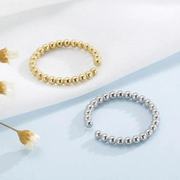 Elegant Openning Beaded Stainless Steel Ring with Water Ripple Design