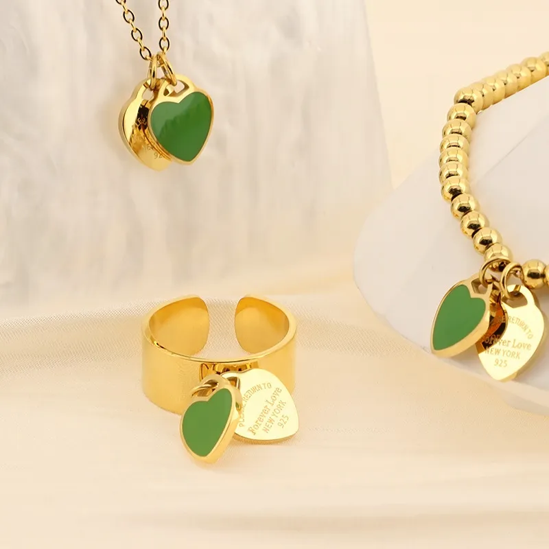 18K Gold Plated Open Heart-Shaped Clavicle Chain with Multi-Color Epoxy Resin Stainless Steel Ring Set