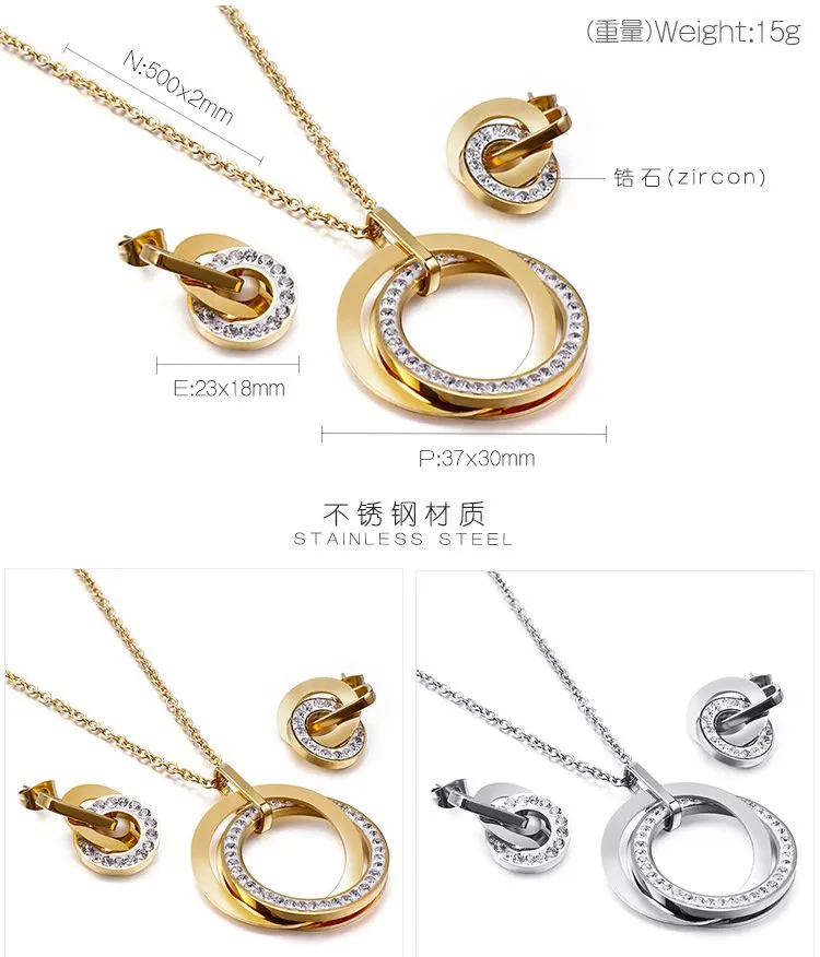 European American Stainless Steel Jewelry Double Interlocking Diamond-Embedded Women's Jewelry Set Wholesale