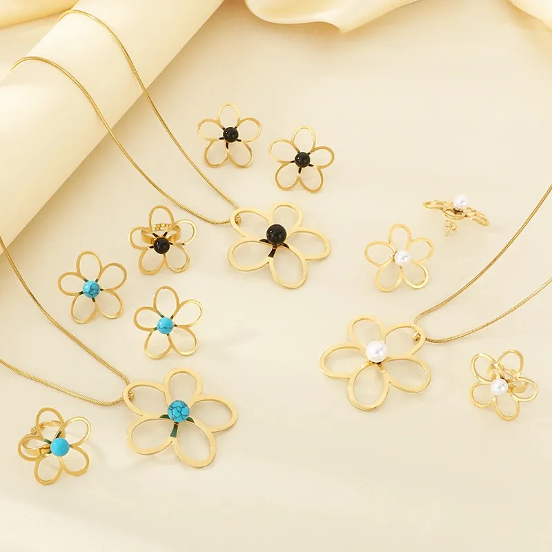 Fashion 4-Piece Hollow Flower Pearl Blue Natural Stone Inlay Stainless Steel Jewelry Set