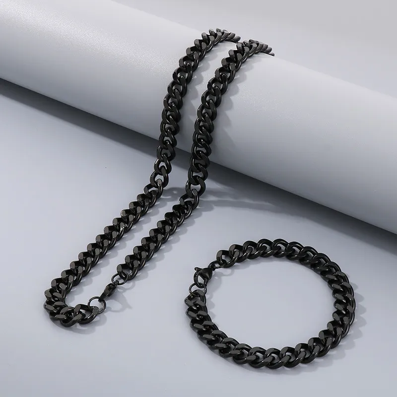 Hip Hop Style Stainless Steel Double-Sided Grinding Multi Size Cuban Chain Lobster Buckle Fashion Bracelet&Necklace Set