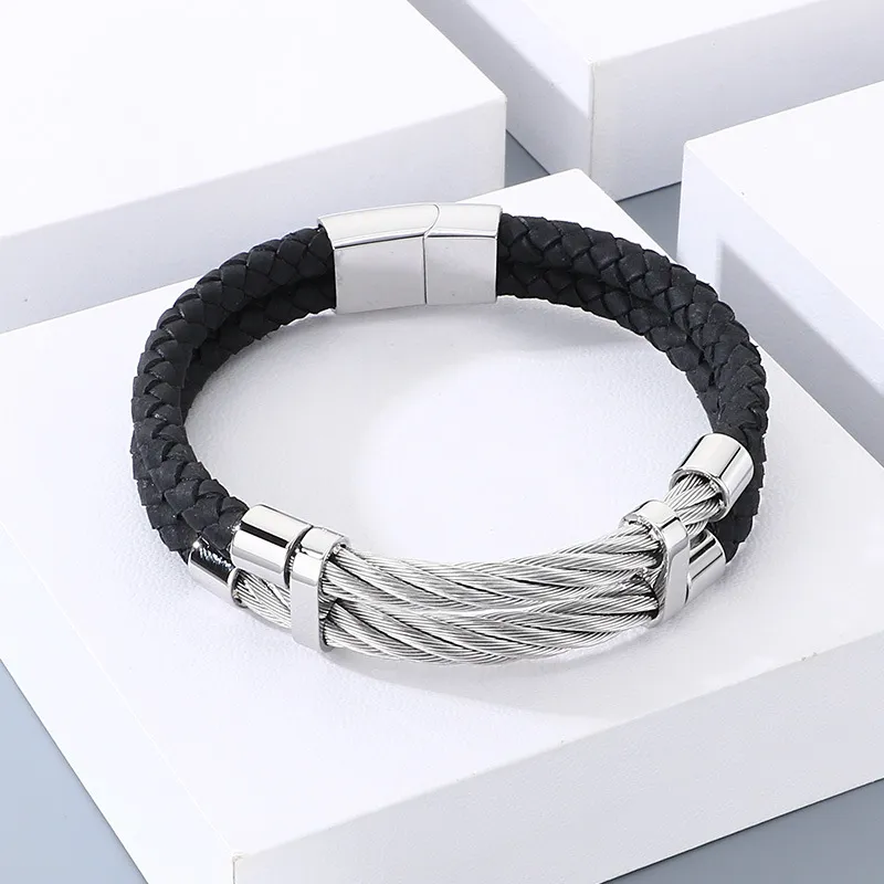 Trendy and Personalized Stainless Steel Wire Woven Double-Layer Leather Rope Bracelet Jewelry