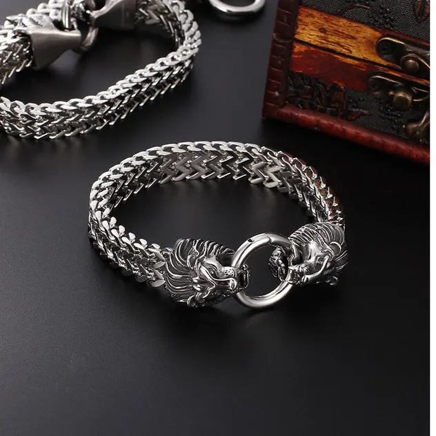 Wholesale Stainless Steel Creative Double Row Keel Chain Ghost Head Lion Head Round Buckle Men's Domineering Bracelet