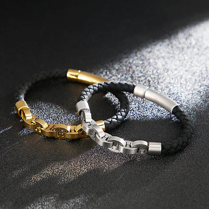 Trendy and Personalized Stainless Steel Cowhide Woven Chain Men's Leather Bracelet