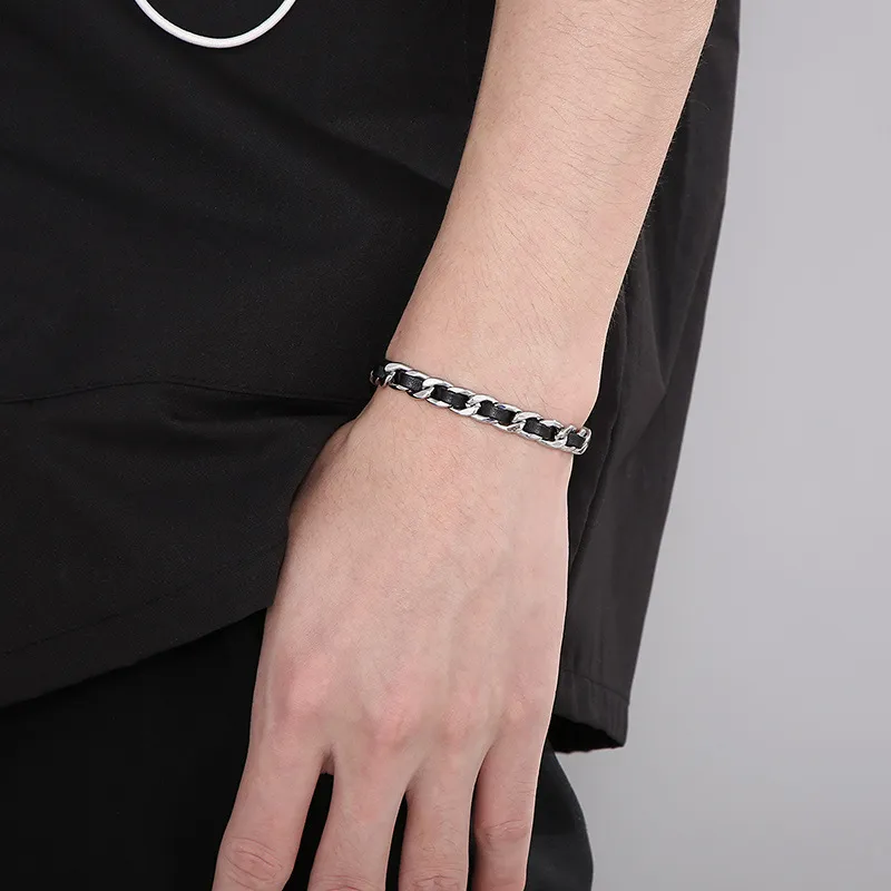 Stainless Steel Nk Chain Paired with Black Leather Bracelet Suitable for Daily Wear