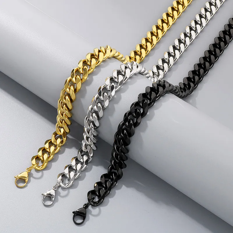 Trendy 6-Sided Polished Cuban Link Bracelet Necklace Multi-Size Stainless Steel Clavicle Chain Jewelry Set