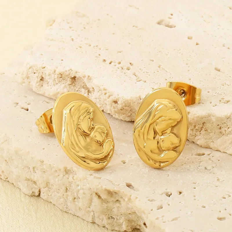 Vintage French Lady Stud Earrings 18K Gold Plated Stainless Steel Earrings for Mother's Day