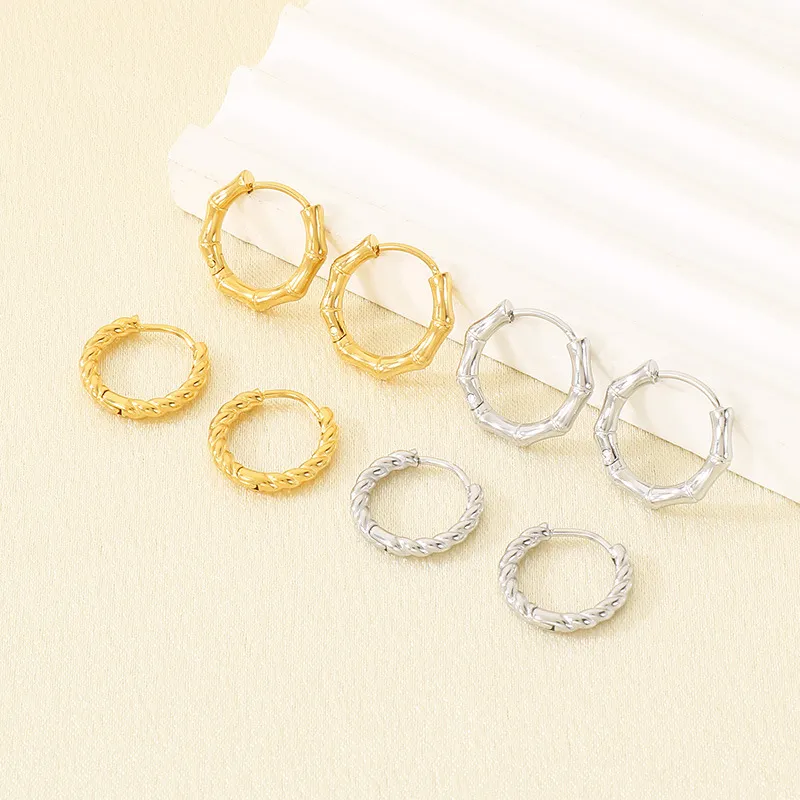 Bamboo Joint Stainless Steel Earrings Twist Hoop Earrings Minimalist Unisex Daily Jewelry