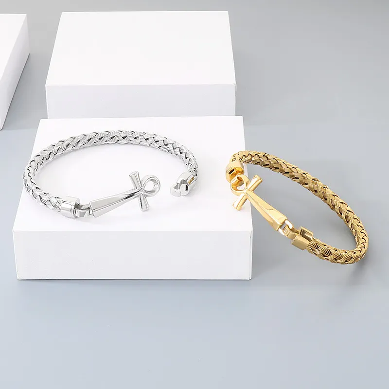 Men's Trendy Stainless Steel Cross Accessories Steel Wire Braided Bangle Jewelry Wholesale