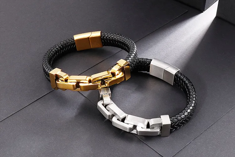 European and American Style Stainless Steel Chain Splicing Leather Jewelry Men's Bracelet