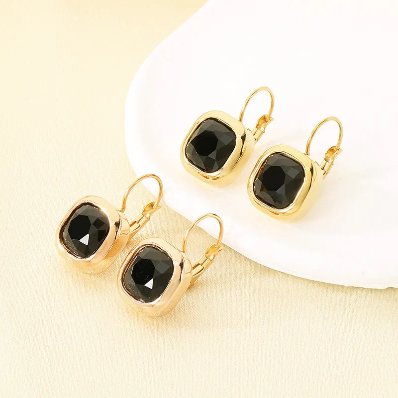 Vintage Black Square Zircon Stud Earrings Minimalist Light Luxury Stainless Steel Earrings Women