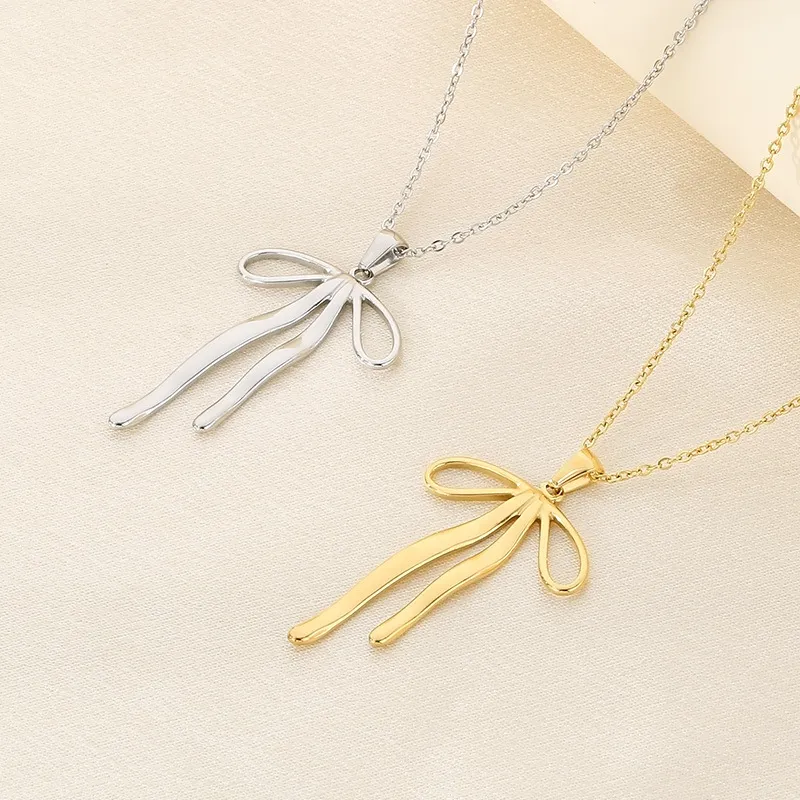 Stainless Steel Bow Earrings Necklace Jewelry Set Suitable for Women's Daily Wear