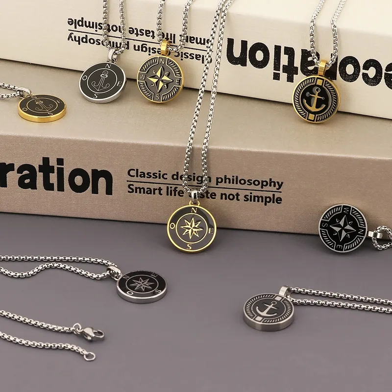 Couple Necklace, Stainless Steel Sailing Ship Anchor, Starry Sea Compass, Male Pendant, Personalized Niche Compass Design, Sweater Chain
