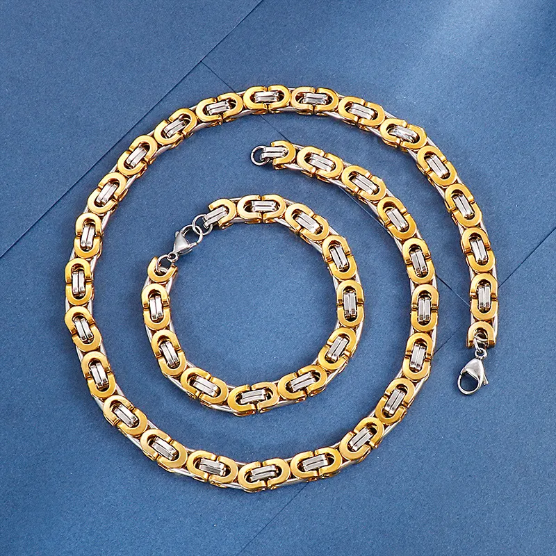 Cross-Border Foreign Trade Stainless Steel Creative Loop Necklace, Punk Fashion Style Men's Section Chain Bracelet Set