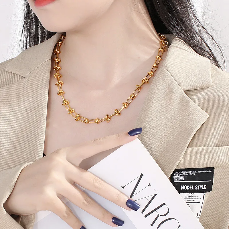 European and American Fashion Personality Stainless Steel Geometric Square Knot Jewelry Bracelet&Necklace Accessories