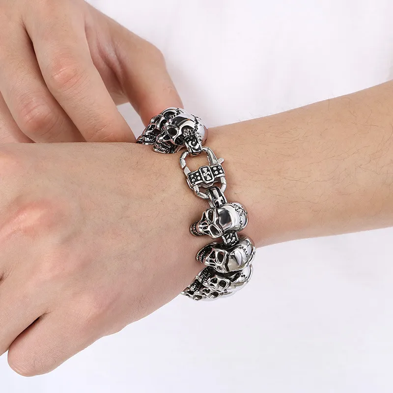 Hip-Hop Skeleton Men's Stainless Steel Bracelet Neclace Creative Polished Skull Jewelry Set