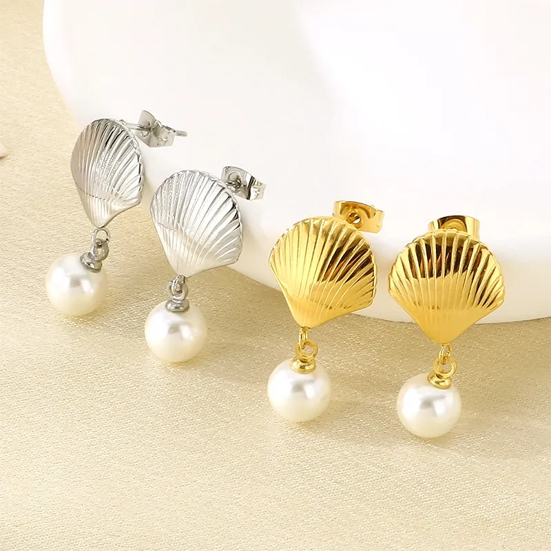 Ins Metal Shell Pearl Tassel Stainless Steel Earrings European Summer Vacation Jewelry Women