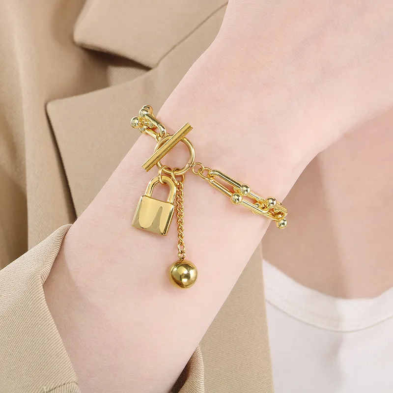 Hip-Hop Ball Padlock Gender-Neutral Sweater Chain Beaded Stainless Steel Jewelry Set Wholesale