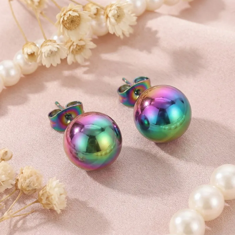 Round Beaded Stainless Steel Stud Earrings Available in Various Sizes and Colors