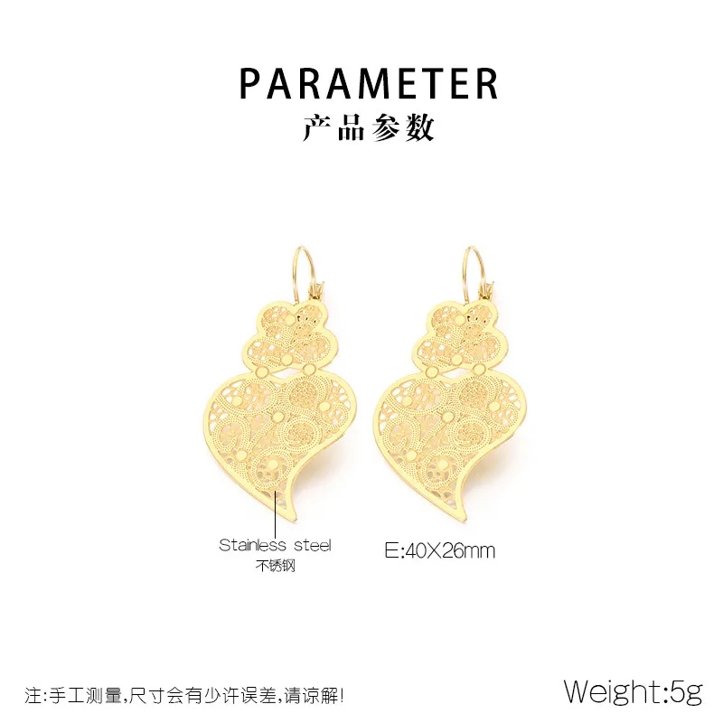 Hollow Metal Heart Leaf Stainless Steel Earrings Vintage Ethnic Water Drop Jewelry Women