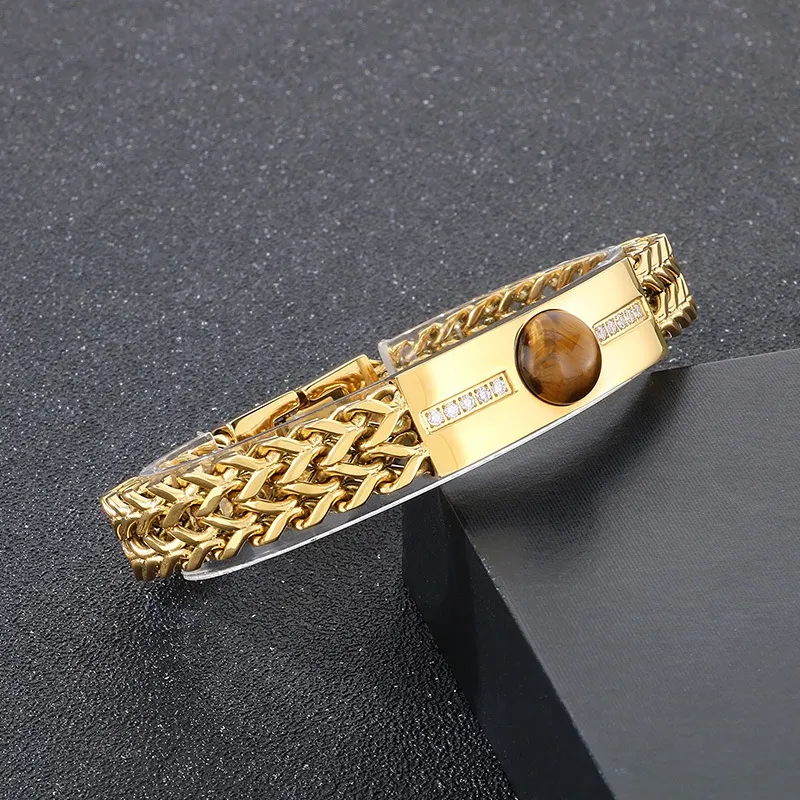Fashion Tiger Eye Stone Rhinestones Inlaid Mens Bracelets Stainless Steel Chain Bracelets