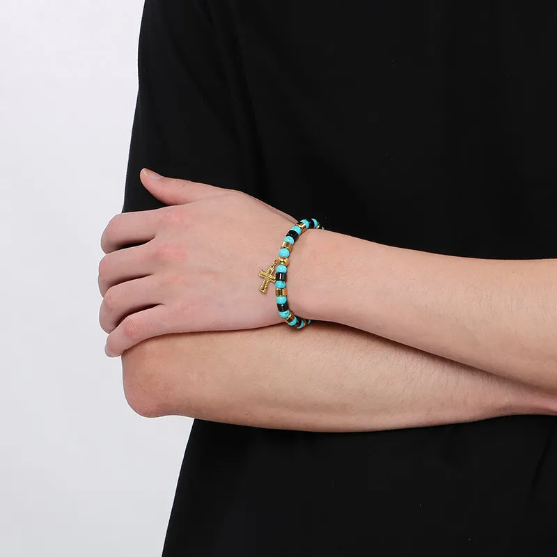 Bohemian Ins Style Colorful Turquoise Men's and Women's Bead Bracelets, Niche Design, Personalized Cross Titanium Steel Bracelet