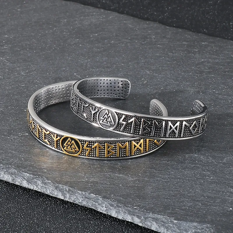 Vintage Viking Runic Textured Bracelet, Nordic Mythology Triangle Knot Personalized Men's Stainless Steel C-Shape Jewelry
