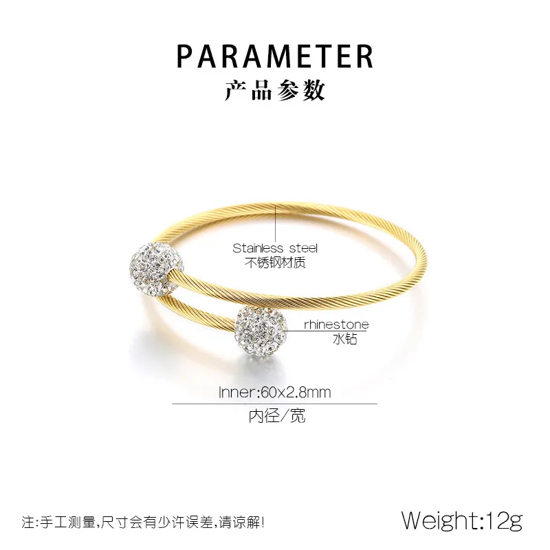 Fashion Round White Clay Full Rhinestone Open Wire Woven Stainless Steel Bangle
