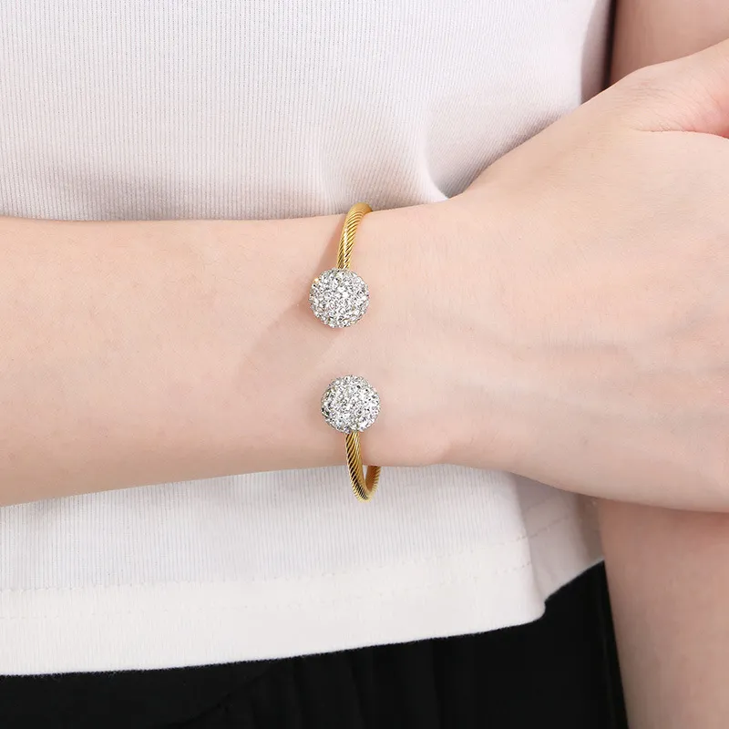 Fashion Round White Clay Full Rhinestone Open Wire Woven Stainless Steel Bangle