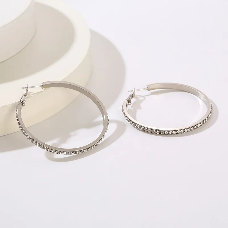 Trendy Statement Earrings Geometric Round Hollow Rhinestone-Embedded Stainless Steel Hoops Women Wholesale