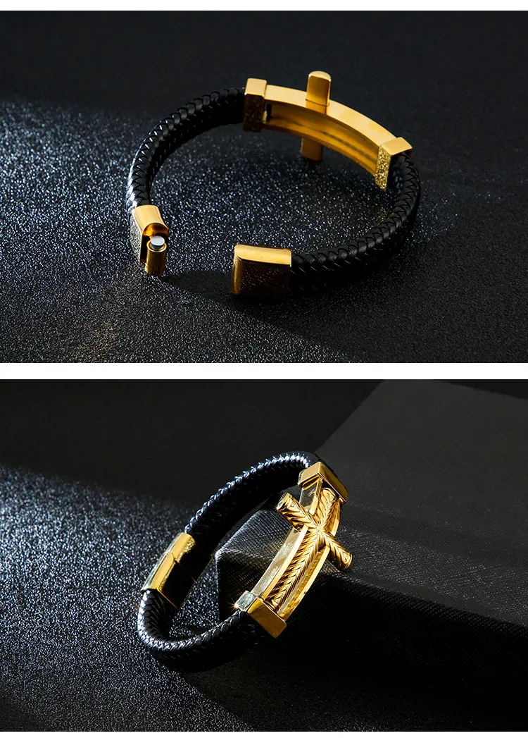 European and American Fashion Punk Cross Men's Stainless Steel Creative Woven Leather Bracelet