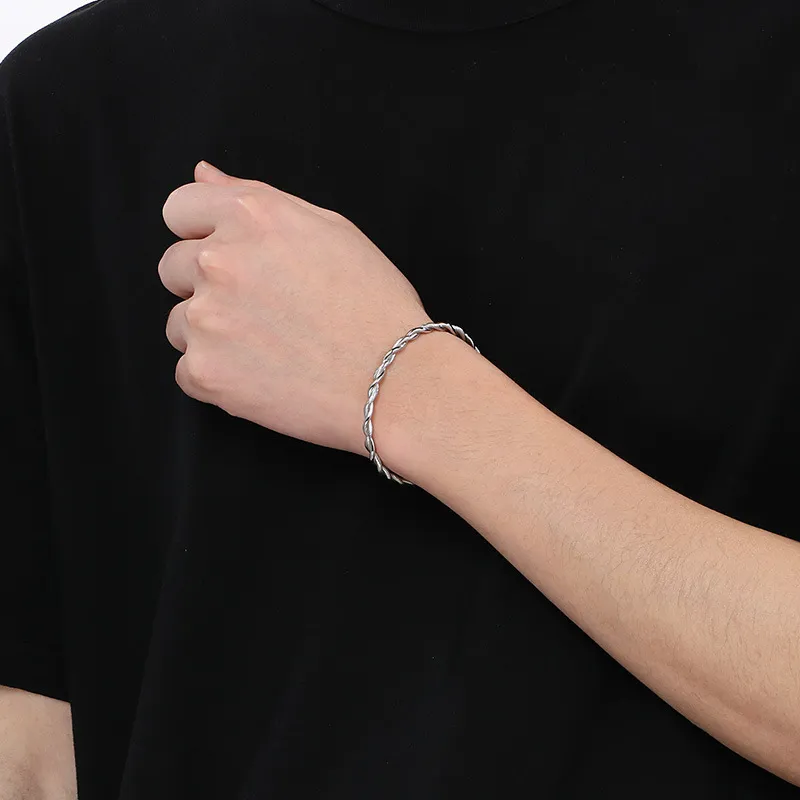 Ins Stainless Steel Textured C-Shaped Adjustable Bracelet Personality Twisted Rope Bangle Wholesale