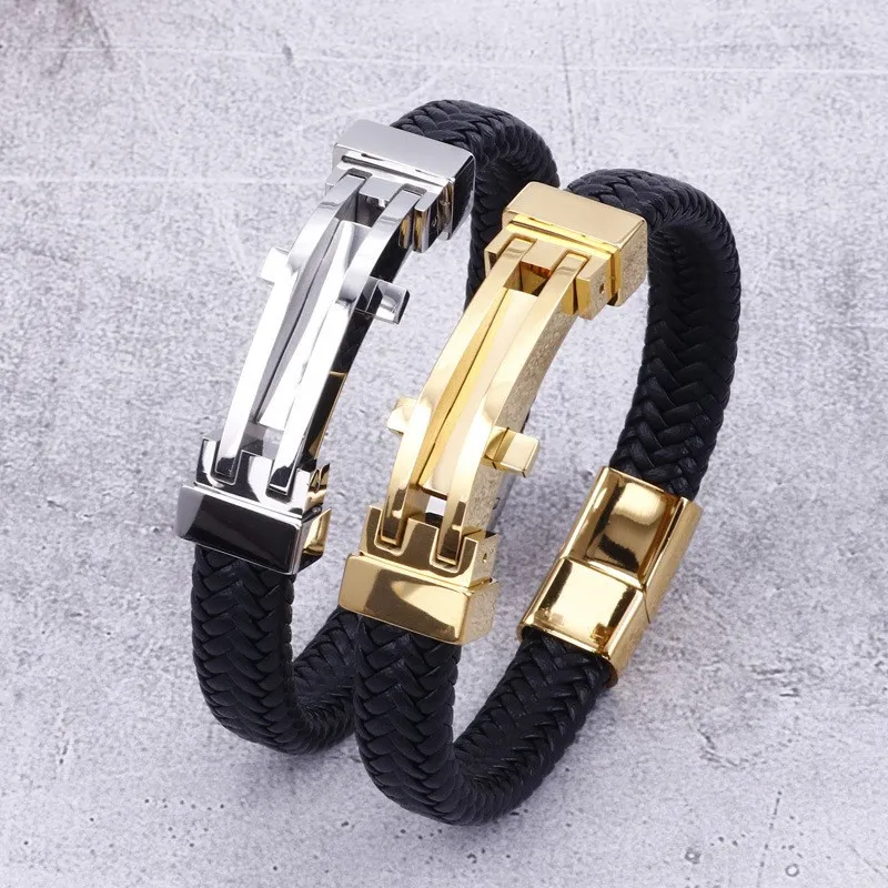 New Stainless Steel Geometric Men's Leather Bracelet Wholesale Personalized Fashion Bracelet
