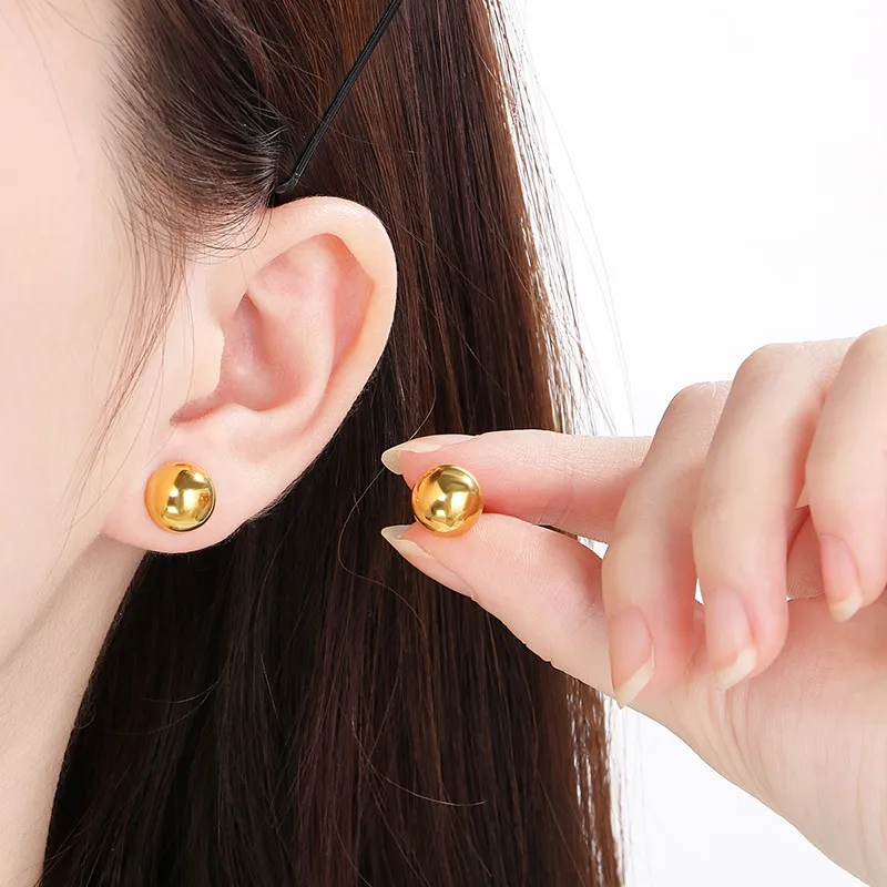 Classic and Fashionable Stainless Steel Multi Size Geometric Hollow Smooth Semi Spherical Earrings