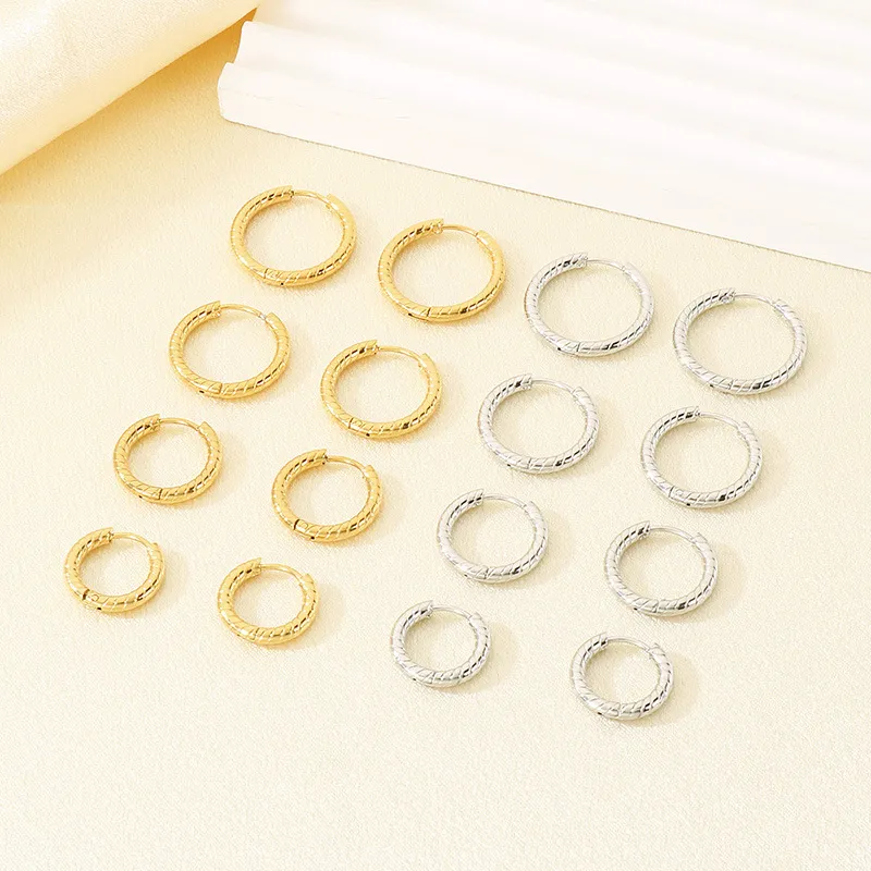European Ins Striped Plain Round Stainless Steel Huggie Earrings Unisex Versatile Hoops Earrings