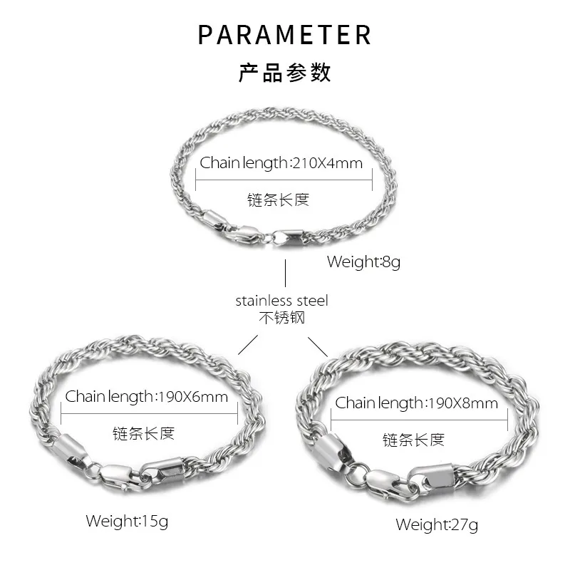 Fashion Minimalist Men's Bar Buckle Bracelet 4/6/8mm Twisted Rope Chain Jewelry Wholesale