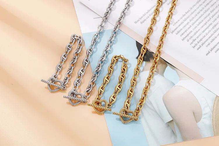 Personalized Stainless Steel Heart-Shaped Pendant Thick Chain Jewelry Sets
