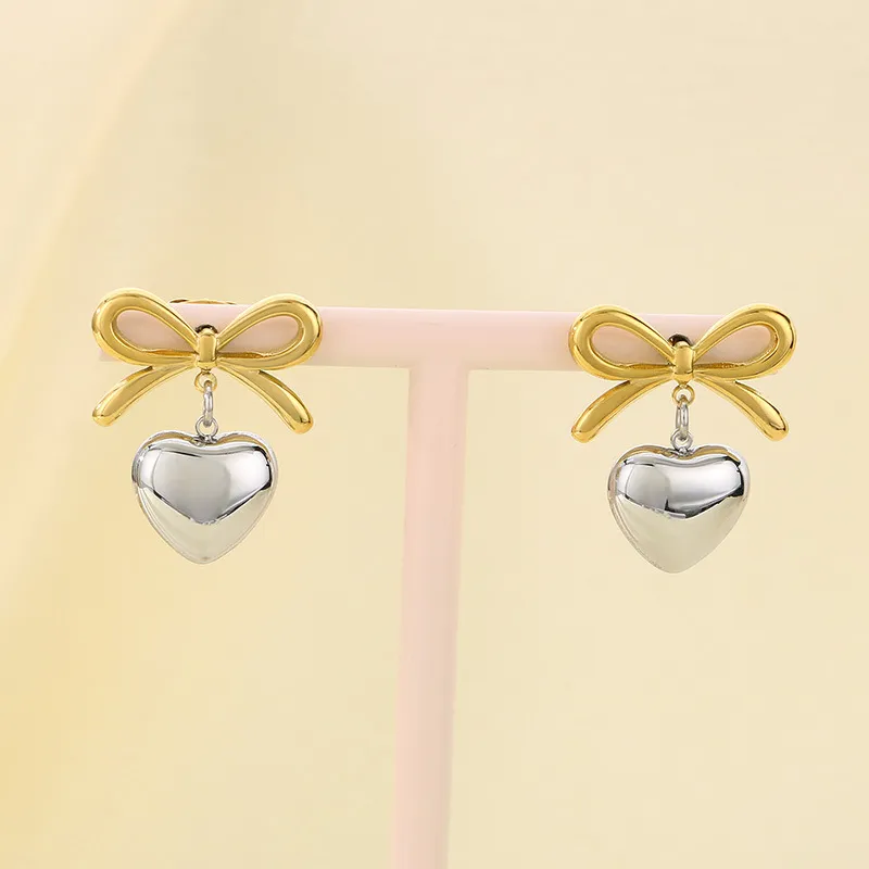 Fashion Earrings 18K Gold-Plated Stainless Steel Ribbon Bow Heart Sweet Temperament Studs Earrings
