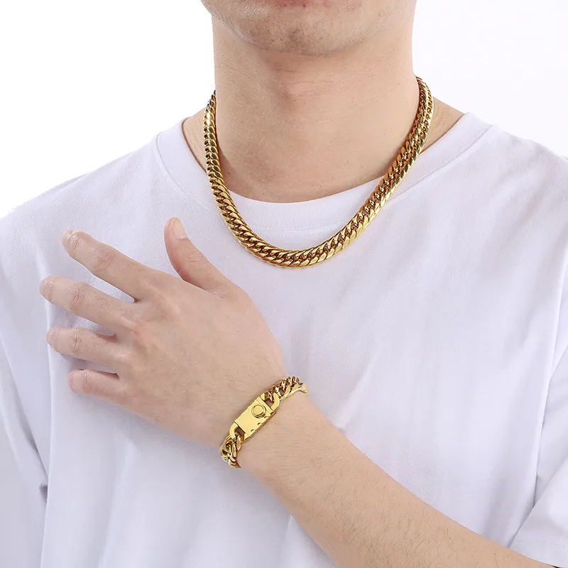 European and American Fashion Denim Chain Polished Stainless Steel Jewelry Men's Bracelet Necklace Set