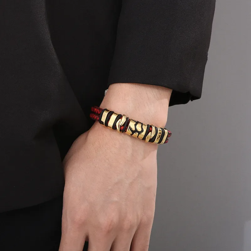 Men's Fashion Stainless Steel Metal Accessories Double-Layer Braided Leather Rope Bracelet