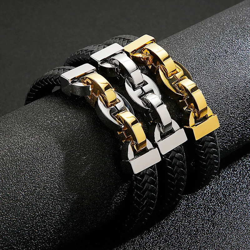 Trendy Men's Jewelry Stainless Steel Geometric Chain Splicing Woven Cowhide Leather Bracelet