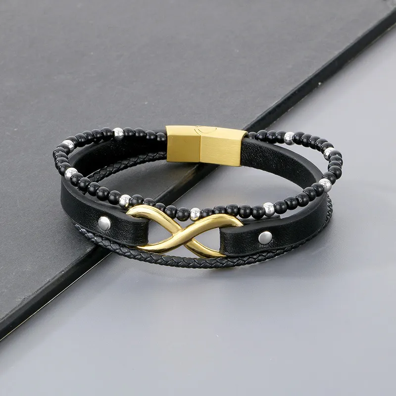 Trendy Men's Stainless Steel 8-Shaped Multi-Layer Woven Leather Bead Magnetic Buckle Bracelet