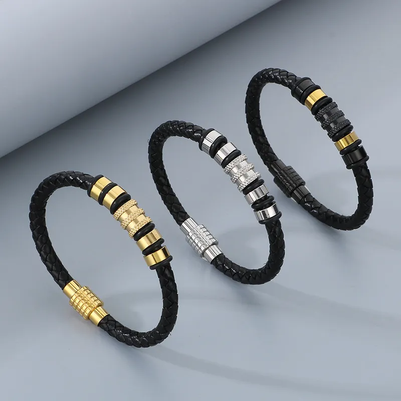Minimalist and Trendy Stainless Steel Magnetic Buckle Bracelet Woven Leather Bracelet for Men