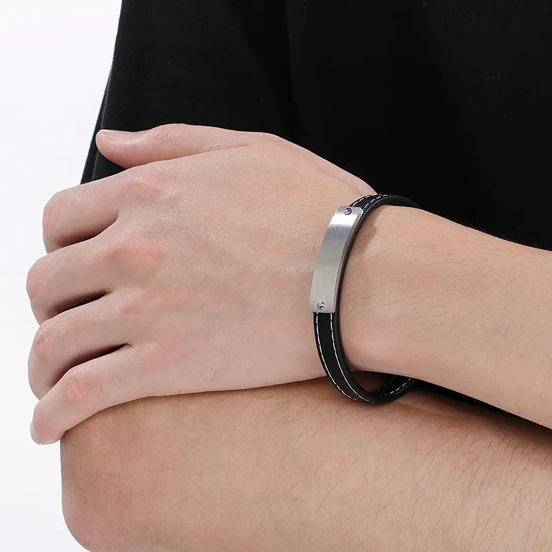 Jewelry Wholesale Men's Trendy Stainless Steel Geometric Curved Plate with Logo Engraved Leather Bracelet